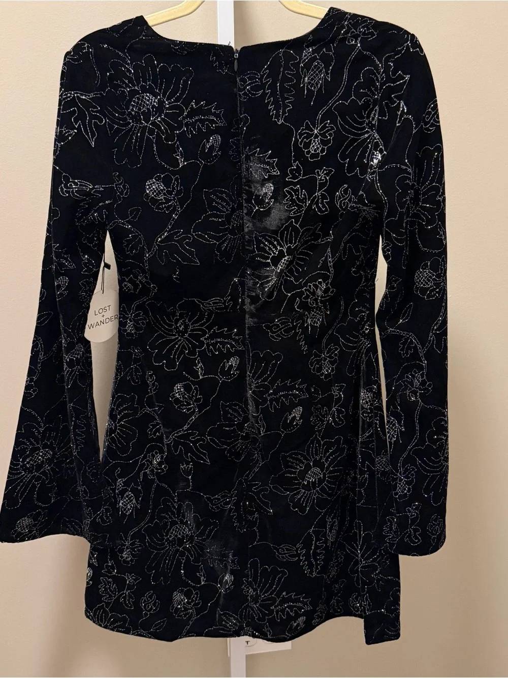 Lost + Wander Black Floral V-Neck Long Sleeve Mini Dress - Picture 5 of 6